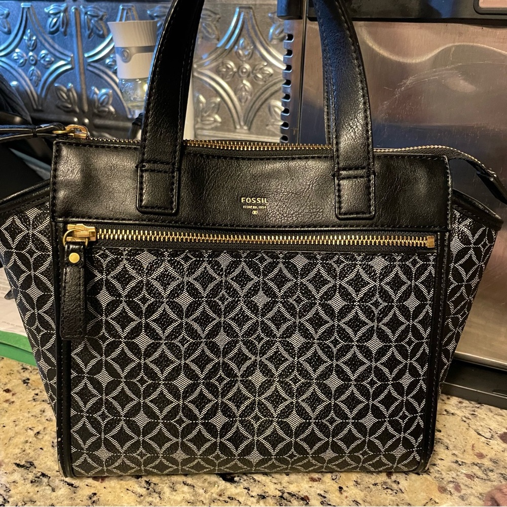 Fossil Tessa Black Geometric Print Coated Canvas Satchel Double Handle Bag Purse